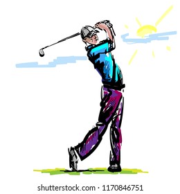 Hand drawn sketch of Golf player playing golf in vector illustration
