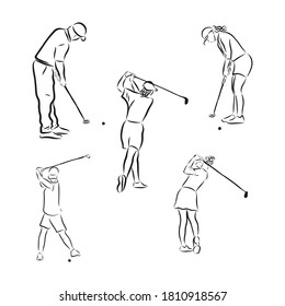 Esbozo dibujado a mano del jugador de golf jugando en la ilustración vectorial. ilustración de esbozo de vector de oro