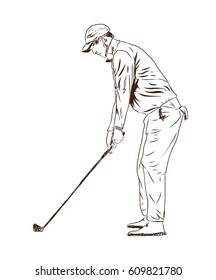 Hand drawn sketch of Golf player playing game in vector illustration.