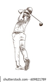 Hand drawn sketch of Golf player playing game in vector illustration.