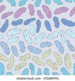 hand drawn sketch grade colored feather seamless pattern, bright beautiful colorful summer background