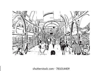Hand Drawn Sketch Of Grand Bazaar Istanbul, Turkey In Vector Illustration.