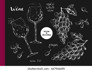 Hand drawn sketch of grapes bunch with leaves, berries and wine glasses. Chalk illustration for food background or fruit package label.