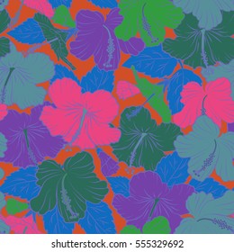 Hand drawn sketch. Of green, blue and violet hibiscus flowers, blossom with leaves isolated. Watercolor painting effect, Vector illustration. Hibiscus flowers in green, blue and violet colors.