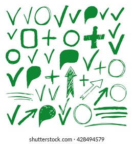 Hand drawn sketch green marker, brushed signs, arrows, lines, shapes, handwritten, marker design elements set isolated on white background