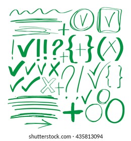 Marcador verde de esbozo dibujado a mano, signos cepillados, flechas, líneas, formas, manuscritos, elementos de diseño aislados en fondo blanco