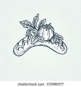 Hand Drawn Sketch Grill Food. Charcuterie with vegetables. Sausage with tomato, herbs (Parsley and Basil leaves) and mustard sauce. Vector illustration