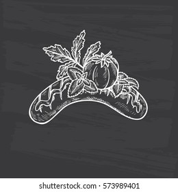 Hand Drawn Sketch Grill Food. Charcuterie with vegetables. Sausage with tomato, herbs (Parsley and Basil leaves) and mustard sauce. Vector illustration