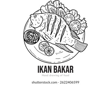 Hand drawn sketch of grilled fish, indonesian food, simple line art, black ink, editable, coloring page, outline