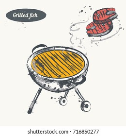 Hand drawn sketch. Grilled fish. Vector vintage illustration. Isolated object on light beige background. Menu design