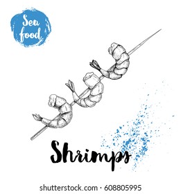 Hand Drawn Sketch Grilled Shrimp On Wooden Stick. Tasty Seafood Symbol. Vector Illustration.