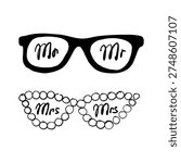Hand drawn sketch groom and bride glasses. Cute wedding accessory vector illustration. Isolated on white background