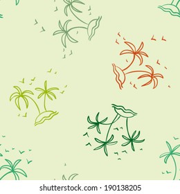 hand drawn sketch group of palms on little island with flying birds