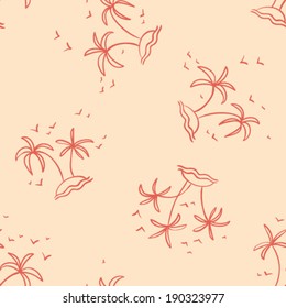 hand drawn sketch group of palms on little island with flying birds, touristic seamless pattern