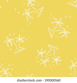 hand drawn sketch group of palms on little island with flying birds, touristic seamless pattern