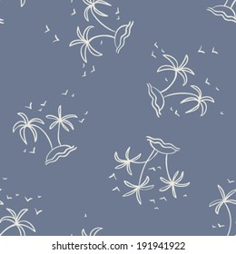 hand drawn sketch group of palms on little island with flying birds, touristic seamless pattern