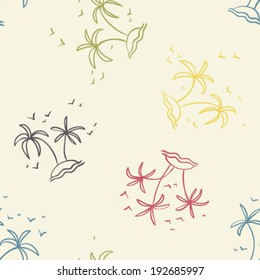 hand drawn sketch group of palms on little island with flying birds, touristic colorful seamless pattern