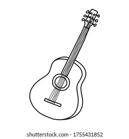 Hand drawn sketch of guitar in doodle style on white background. Vector illustration.