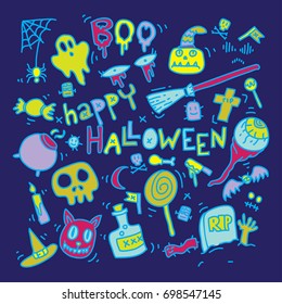 Hand Drawn Sketch of Halloween Doodles Icon Vector Illustration Background including spider, web, ghost, pumpkin, skull, eye, horror, monster, boo, cany, trick or treat, cat, rip, tombstone