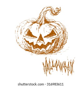 Hand drawn sketch of halloween pumpkin with terrible face isolated on white background. Halloween lettering. Vector vintage line art illustration. Decorative element for your happy halloween design.
