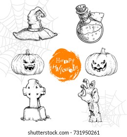 Hand drawn sketch halloween symbols set. Witch hat, potion, jack-o-lantern pumpkins, cross tombstone and zombie hand. Vector illustrations isolated on spiderweb white background.