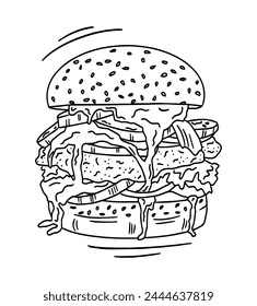 Hand drawn sketch of hamburger for menu design. Black and white vector illustration isolated on white background.