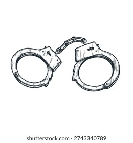 Hand drawn sketch handcuffs in retro vintage style. Security and justice symbol. Vector illustration isolated on white background.
