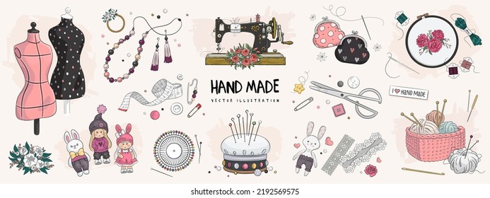 Hand drawn sketch handmade set. Vector illustration of sewing machine, pin cushion, dolls, mannequin and jewellery