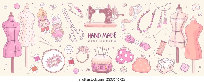 Hand drawn sketch handmade set. Cartoon doll, mannequin, knitting, sewing and embroidery elements, jewelry and flowers isolated in background. Vector illustration