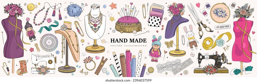 Hand drawn sketch handmade set. Cartoon doll, mannequin, sewing and embroidery elements, jewelry and flowers isolated in background. Vector illustration