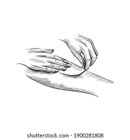 Hand drawn sketch of hands applying strip for waxing on a white background. Epilation and depilation procedure. Hair removing. Legs waxing