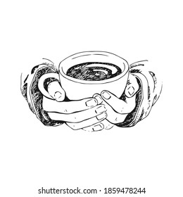 Hand drawn sketch of hands holding a cup of coffee, tea etc. Vector illustration isolated on white background. Realistic drawing of beautiful hand holding a mug with a hot beverage.