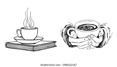 Hand drawn sketch of hands holding a cup of coffee, tea. Cup and book isolated on white background. Morning fresh drink. Vector illustration isolated on white background.