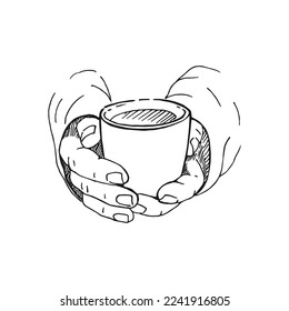 Hand drawn sketch of hands holding a cup of coffee, tea etc. Vector illustration isolated on white background. 