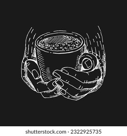 Hand drawn sketch of hands holding a cup of coffee, tea etc. Vector illustration isolated on black background. 