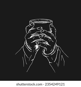 Hand drawn sketch of hands holding a cup of coffee, tea etc. Vector illustration isolated on black background. 