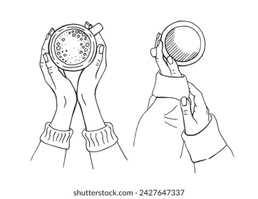 Hand drawn sketch of hands holding a cup of coffee, tea etc. Vector illustration isolated on white background. 