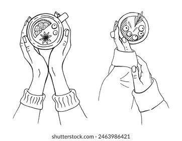 Hand drawn sketch of hands holding a cup of coffee, tea etc. Vector illustration isolated on white background. 