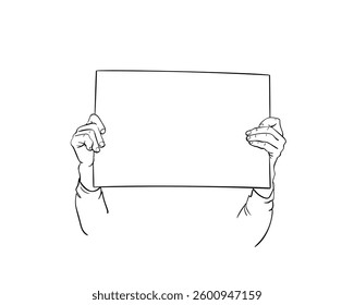 Hand drawn sketch of hands holding a blank sign for presentation or display. Black and white line art vector, isolated on a white background 