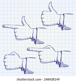 Hand drawn sketch hands set on paper notebook