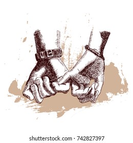 Hand Drawn Sketch. Hands women and men. Friendship day with holding promise hand. Vector illustration.