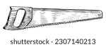 Hand drawn sketch of handsaw. Woodworking tool. Detailed vintage etching style drawing. Saw vector illustration
