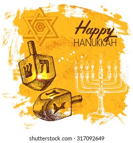 Hand drawn sketch Hanukkah background. Israel festival card. Vector illustration