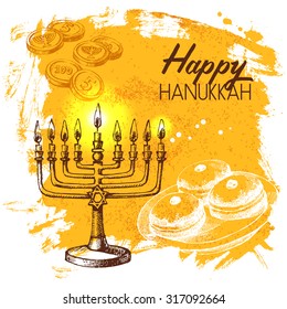 Hand drawn sketch Hanukkah background. Israel festival card. Vector illustration