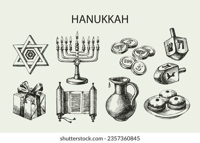 Hand drawn sketch Hanukkah elements set. Israel festival objects and symbols.