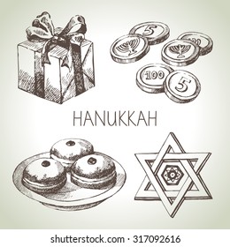 Hand drawn sketch Hanukkah elements set. Israel festival objects and symbols. Vector illustration