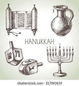 Hand drawn sketch Hanukkah elements set. Israel festival objects and symbols. Vector illustration