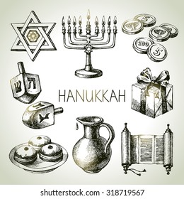 Conjunto de elementos Hanukkah dibujados a mano. Los objetos y símbolos del festival israelí. Ilustración del vector