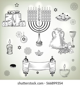 Hand drawn sketch Hanukkah elements set