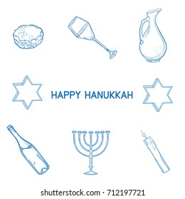 Hand drawn sketch Hanukkah elements set.